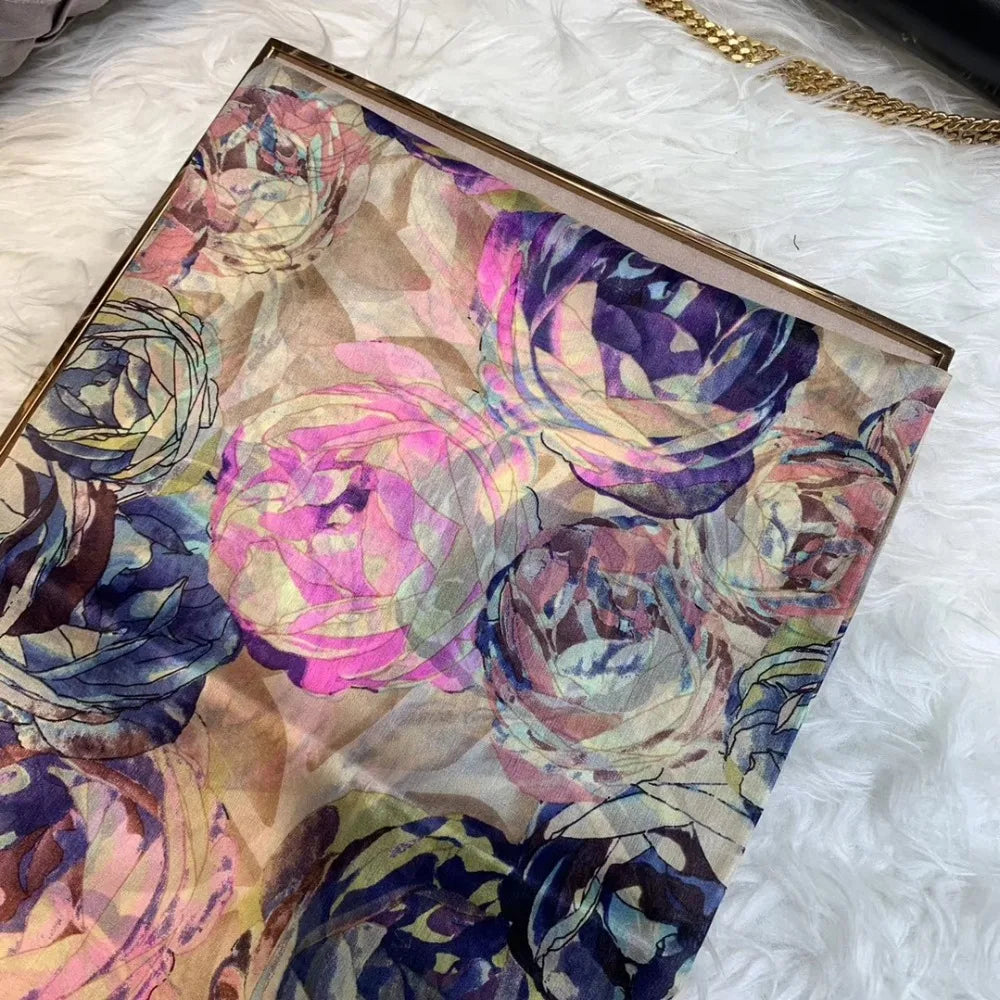 [BYSIFA] Ultralarge Spring Autumn Silk Scarf Wraps Brand Female Long Scarf Cape Fashion New Design Lace Pattern Blue Silk Scarf