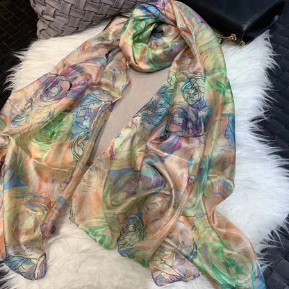 [BYSIFA] Ultralarge Spring Autumn Silk Scarf Wraps Brand Female Long Scarf Cape Fashion New Design Lace Pattern Blue Silk Scarf