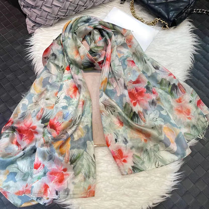 [BYSIFA] Ultralarge Spring Autumn Silk Scarf Wraps Brand Female Long Scarf Cape Fashion New Design Lace Pattern Blue Silk Scarf