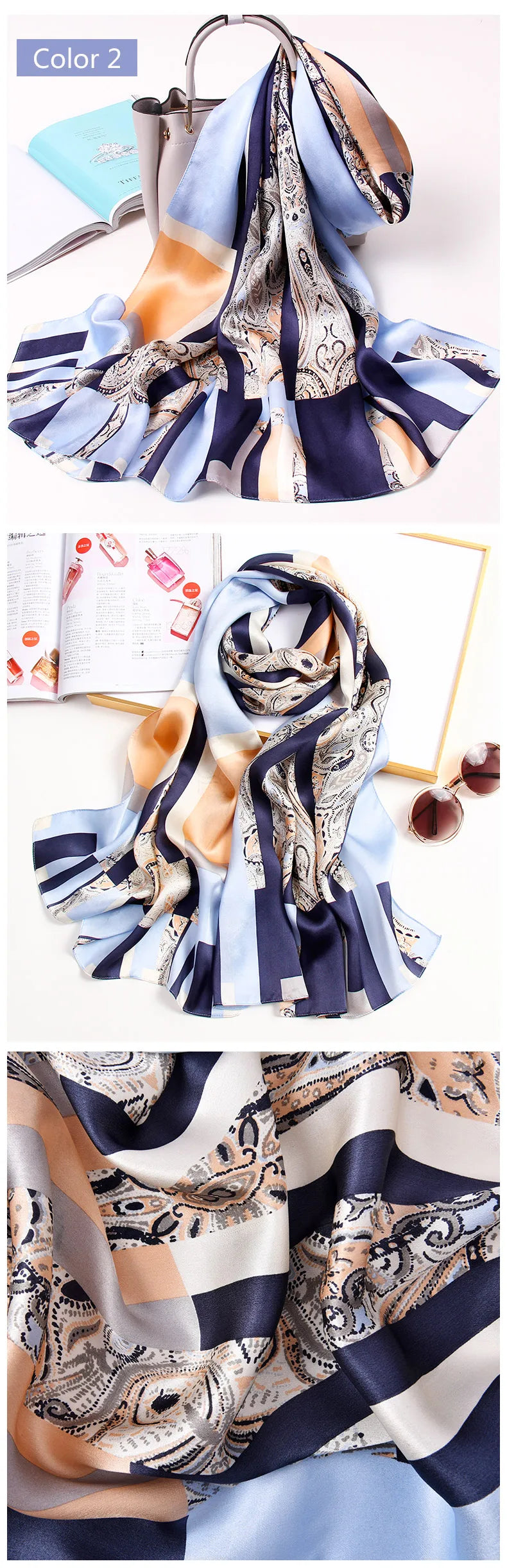 Silk Long Scarf Women 100% Natural Silk  Head Scarves Stylish  Shawls Wraps Spring Summer Elegant Thin Pashmina Foulard Femme