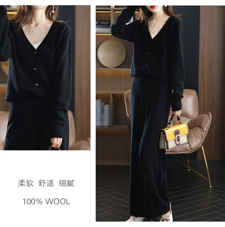 New ladies cardigan 100% pure wool suit V-neck long-sleeved knitted fashion cashmere wide-leg pants suit Autumn and winter S-XXL