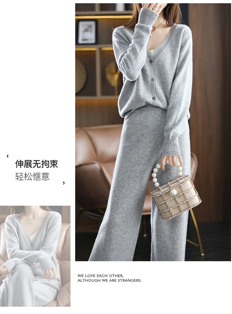 New ladies cardigan 100% pure wool suit V-neck long-sleeved knitted fashion cashmere wide-leg pants suit Autumn and winter S-XXL