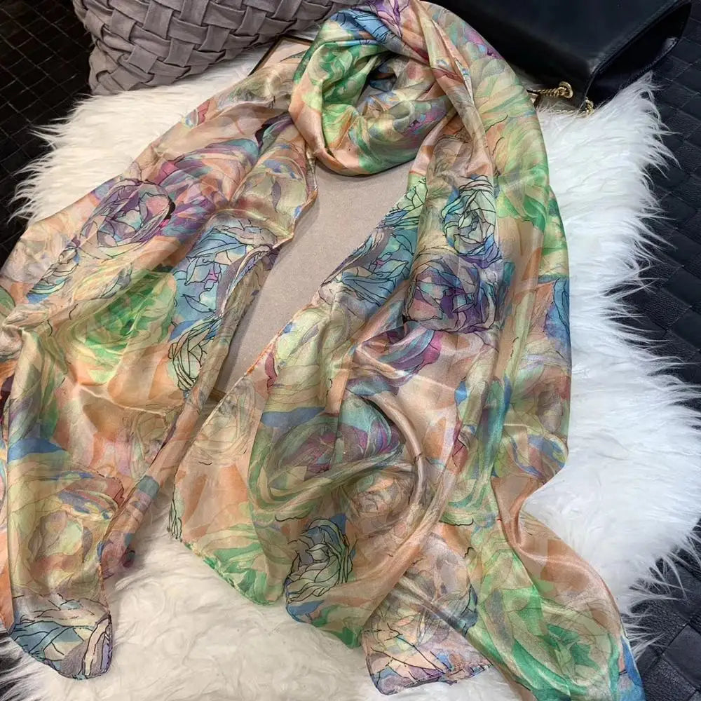 [BYSIFA] Ultralarge Spring Autumn Silk Scarf Wraps Brand Female Long Scarf Cape Fashion New Design Lace Pattern Blue Silk Scarf