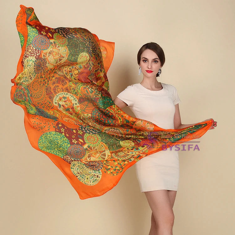 [BYSIFA] Ultralarge Spring Autumn Silk Scarf Wraps Brand Female Long Scarf Cape Fashion New Design Lace Pattern Blue Silk Scarf