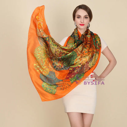 [BYSIFA] Ultralarge Spring Autumn Silk Scarf Wraps Brand Female Long Scarf Cape Fashion New Design Lace Pattern Blue Silk Scarf