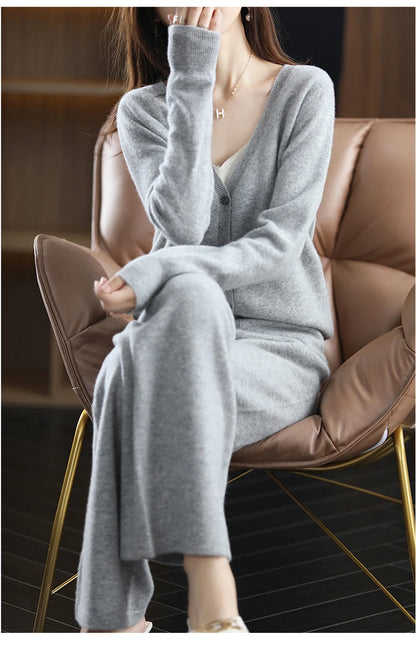 New ladies cardigan 100% pure wool suit V-neck long-sleeved knitted fashion cashmere wide-leg pants suit Autumn and winter S-XXL