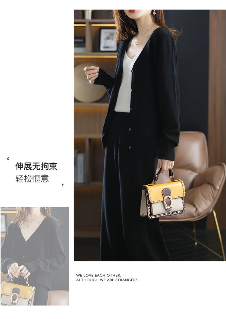 New ladies cardigan 100% pure wool suit V-neck long-sleeved knitted fashion cashmere wide-leg pants suit Autumn and winter S-XXL