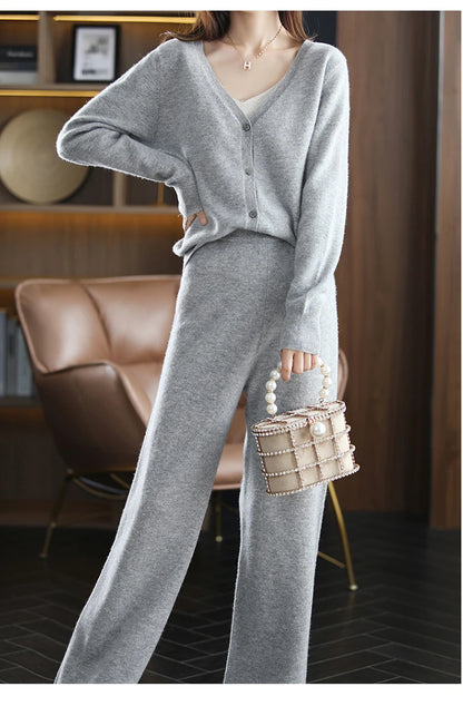 New ladies cardigan 100% pure wool suit V-neck long-sleeved knitted fashion cashmere wide-leg pants suit Autumn and winter S-XXL