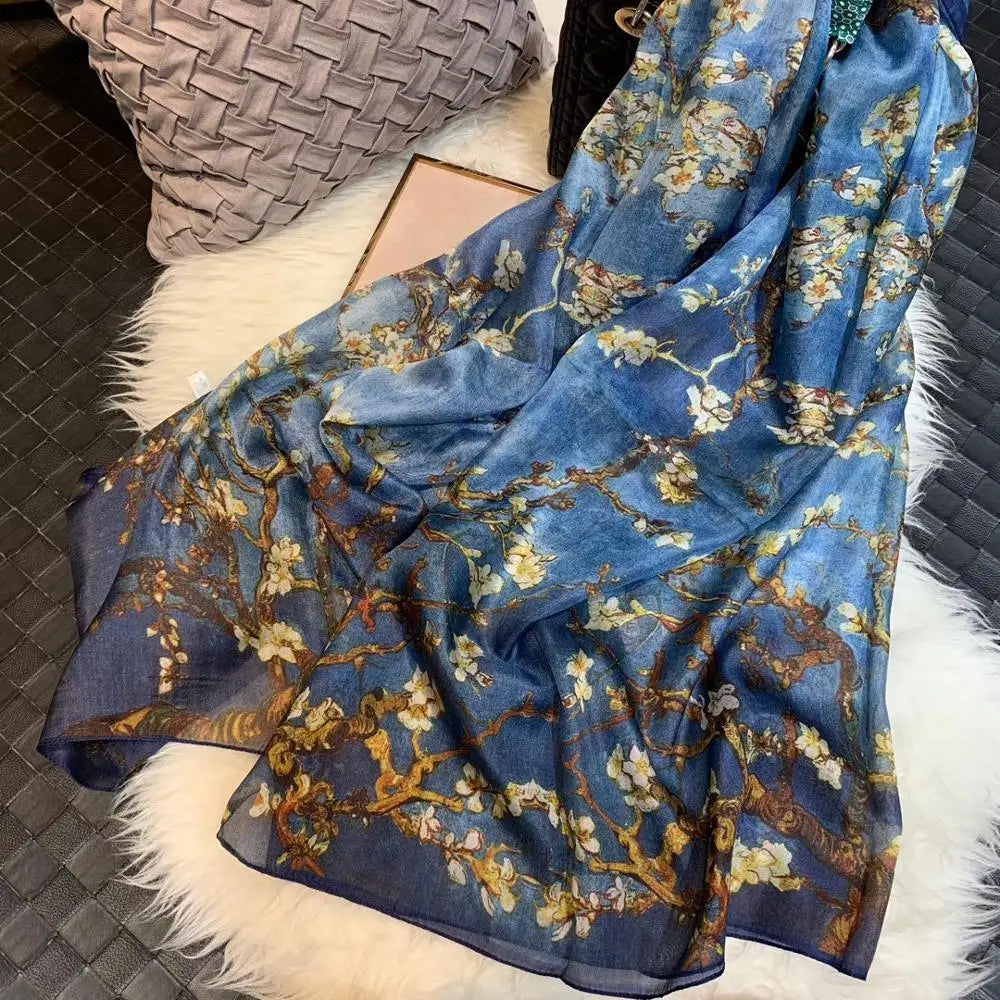 [BYSIFA] Ultralarge Spring Autumn Silk Scarf Wraps Brand Female Long Scarf Cape Fashion New Design Lace Pattern Blue Silk Scarf