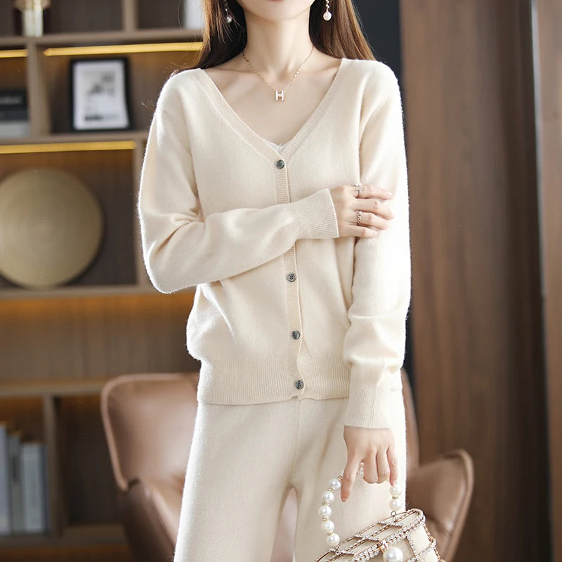 New ladies cardigan 100% pure wool suit V-neck long-sleeved knitted fashion cashmere wide-leg pants suit Autumn and winter S-XXL