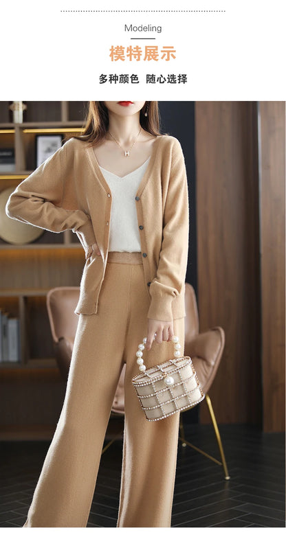 New ladies cardigan 100% pure wool suit V-neck long-sleeved knitted fashion cashmere wide-leg pants suit Autumn and winter S-XXL