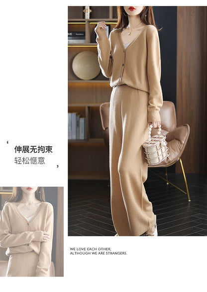 New ladies cardigan 100% pure wool suit V-neck long-sleeved knitted fashion cashmere wide-leg pants suit Autumn and winter S-XXL