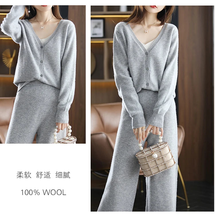 New ladies cardigan 100% pure wool suit V-neck long-sleeved knitted fashion cashmere wide-leg pants suit Autumn and winter S-XXL