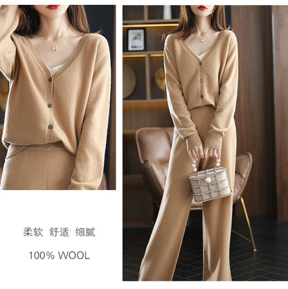 New ladies cardigan 100% pure wool suit V-neck long-sleeved knitted fashion cashmere wide-leg pants suit Autumn and winter S-XXL