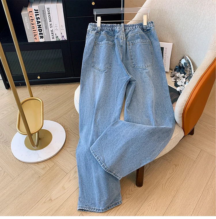 Plus-size women's fall casual commute baggy comfort jeans Dark blue high-waist-straight leg button pocket long wide-leg pants