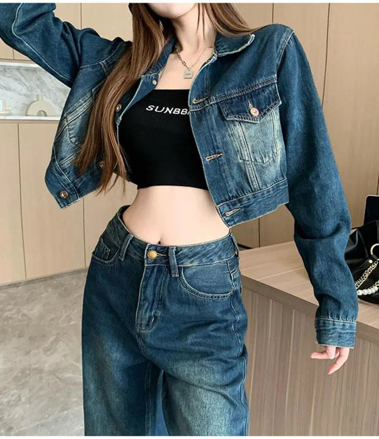 2023 Autumn Denim Coat Jeans Suits Womens Outfits Vintage Washed Short Jean Jackets + Wide Leg Jeans Denim Pants Two Piece Sets