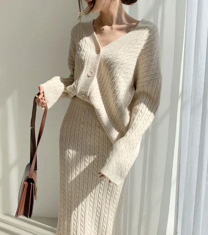 Women Full Sleeve Coats Korean Sweaters V Neck Cardigan Loose Two Piece Sets Solid Knitted Package Hip Skirt Set 2023 Autumn