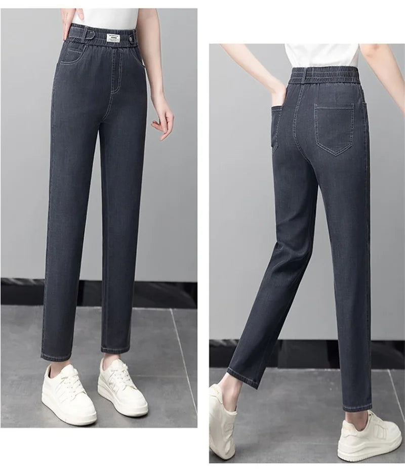 High-Quality Jeans Women's Summer Thin New Style 2024 Cowboy Pants High Waist Ice Silk Nine Points Harlan Denim Trousers Female