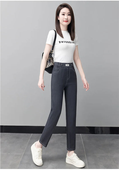 High-Quality Jeans Women's Summer Thin New Style 2024 Cowboy Pants High Waist Ice Silk Nine Points Harlan Denim Trousers Female