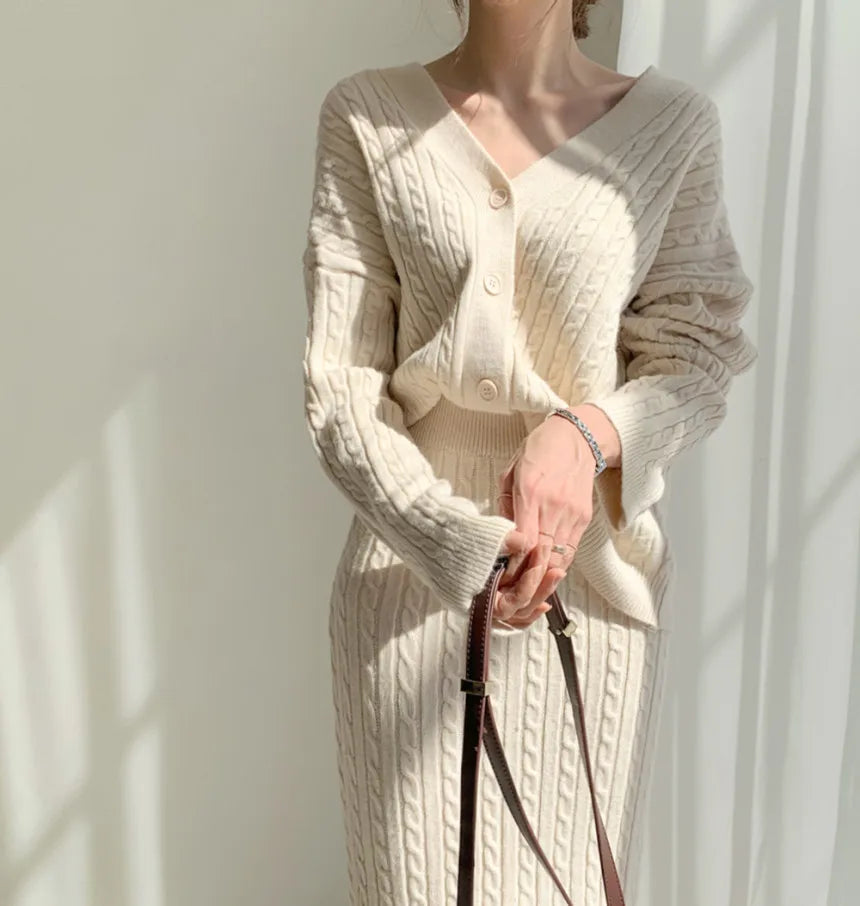 Women Full Sleeve Coats Korean Sweaters V Neck Cardigan Loose Two Piece Sets Solid Knitted Package Hip Skirt Set 2023 Autumn