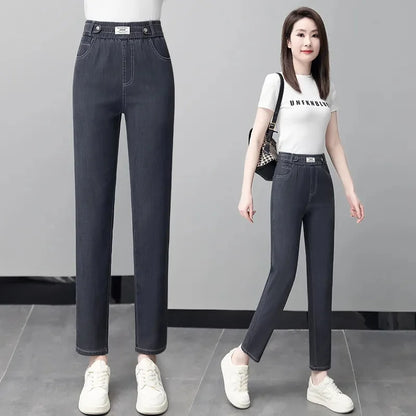 High-Quality Jeans Women's Summer Thin New Style 2024 Cowboy Pants High Waist Ice Silk Nine Points Harlan Denim Trousers Female