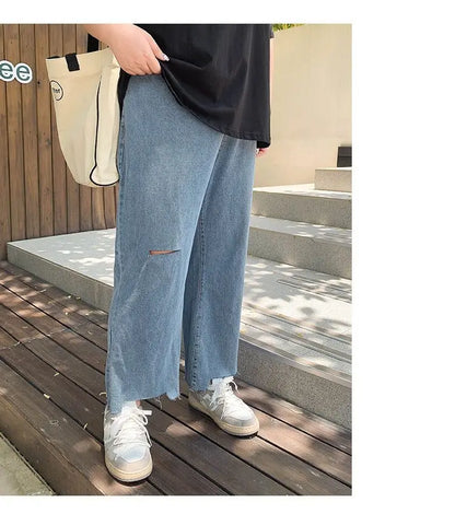 2023 Spring Autumn Loose Casual Jeans Fashion Trousers Ripped Straight Leg High Waist Bottom Solid Plus Size Cropped Pants Women