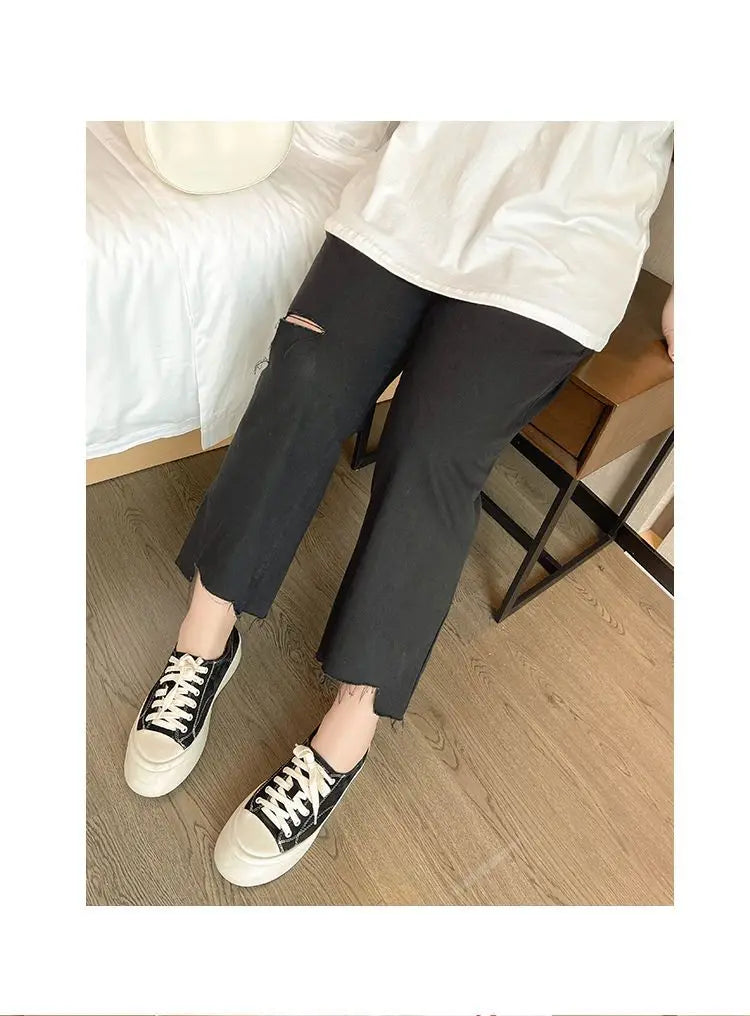 2023 Spring Autumn Loose Casual Jeans Fashion Trousers Ripped Straight Leg High Waist Bottom Solid Plus Size Cropped Pants Women