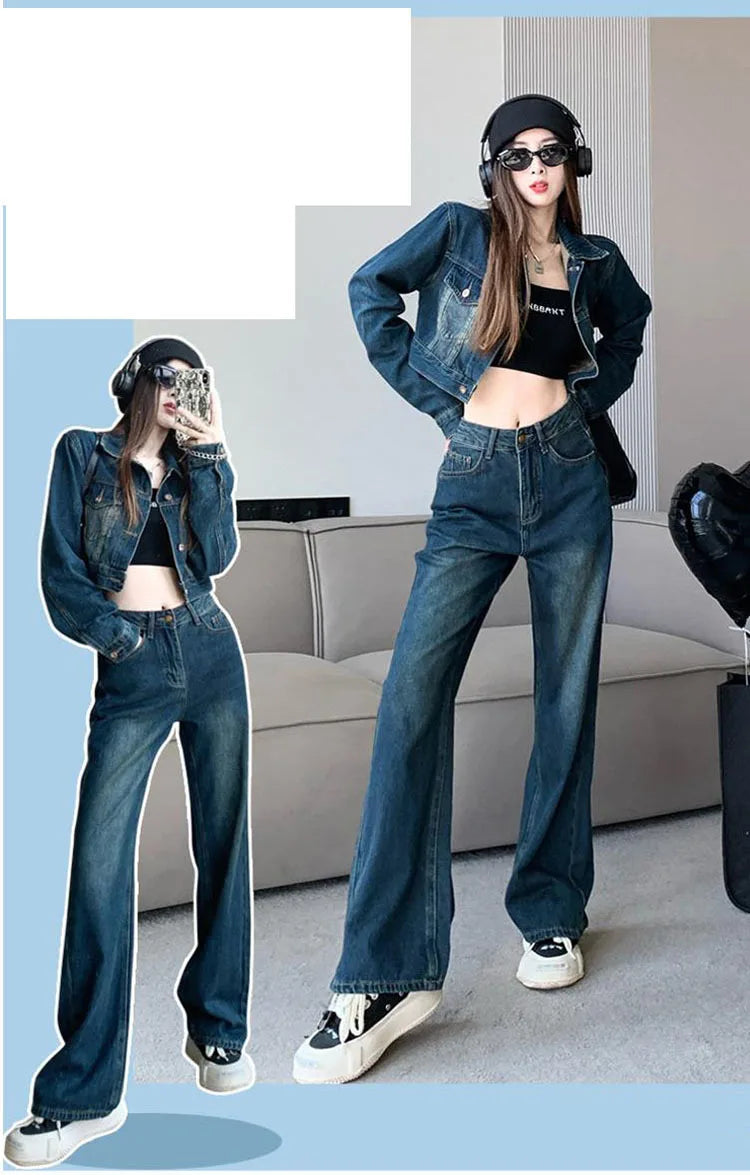 2023 Autumn Denim Coat Jeans Suits Womens Outfits Vintage Washed Short Jean Jackets + Wide Leg Jeans Denim Pants Two Piece Sets