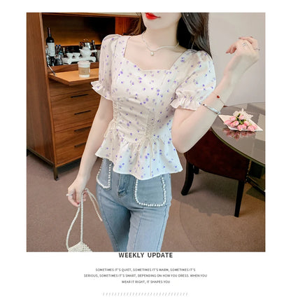 Vintage Summer Printed Blouses Women 2024 Casual Puff Sleeve Ladies Crop Tops Flower Korean Style Slim Retro Chiffon Shirts Y2k