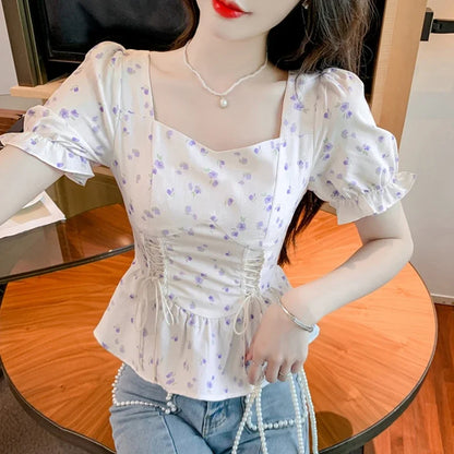 Vintage Summer Printed Blouses Women 2024 Casual Puff Sleeve Ladies Crop Tops Flower Korean Style Slim Retro Chiffon Shirts Y2k