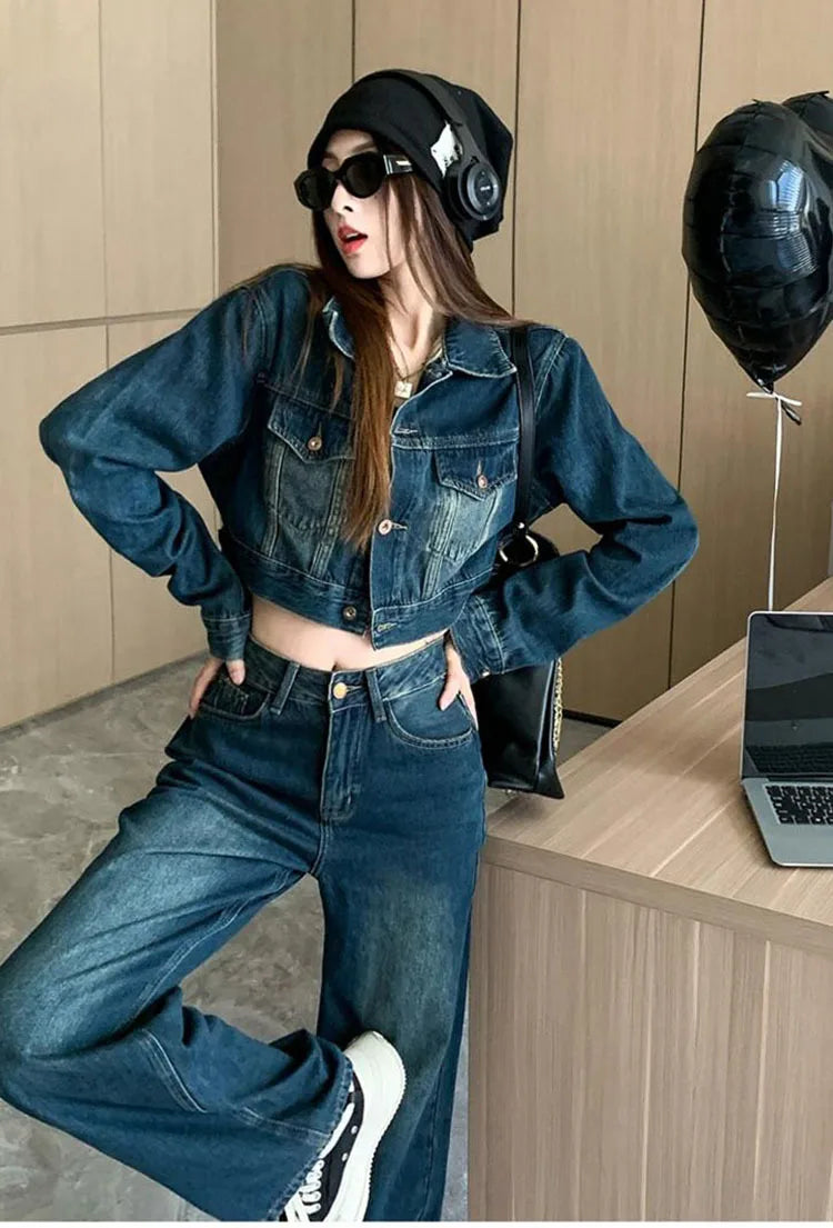 2023 Autumn Denim Coat Jeans Suits Womens Outfits Vintage Washed Short Jean Jackets + Wide Leg Jeans Denim Pants Two Piece Sets