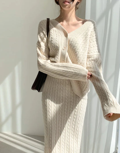 Women Full Sleeve Coats Korean Sweaters V Neck Cardigan Loose Two Piece Sets Solid Knitted Package Hip Skirt Set 2023 Autumn