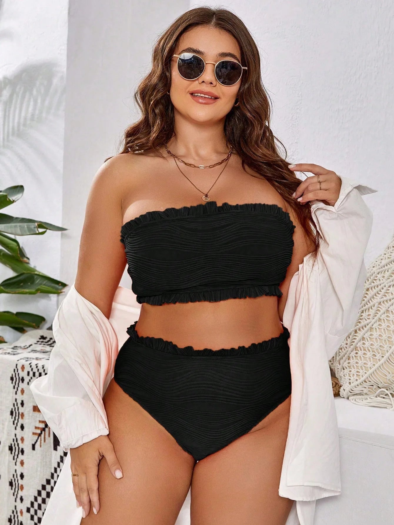 Plus Size Bikini Women's Swimsuit Black Sexy 2 Piece Bathing Suit  Strapless Bikinis Set Swimwear Beach Vacation Summer Suit