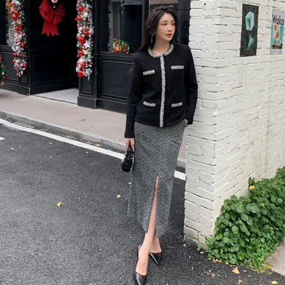 Luxury 2025 Spring Full Sleeve Crystal Knitted Cardigans two piece matching set Women Skirts Suits Midi Long Skirts 2pcs Outfits