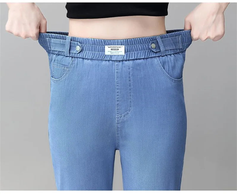 High-Quality Jeans Women's Summer Thin New Style 2024 Cowboy Pants High Waist Ice Silk Nine Points Harlan Denim Trousers Female