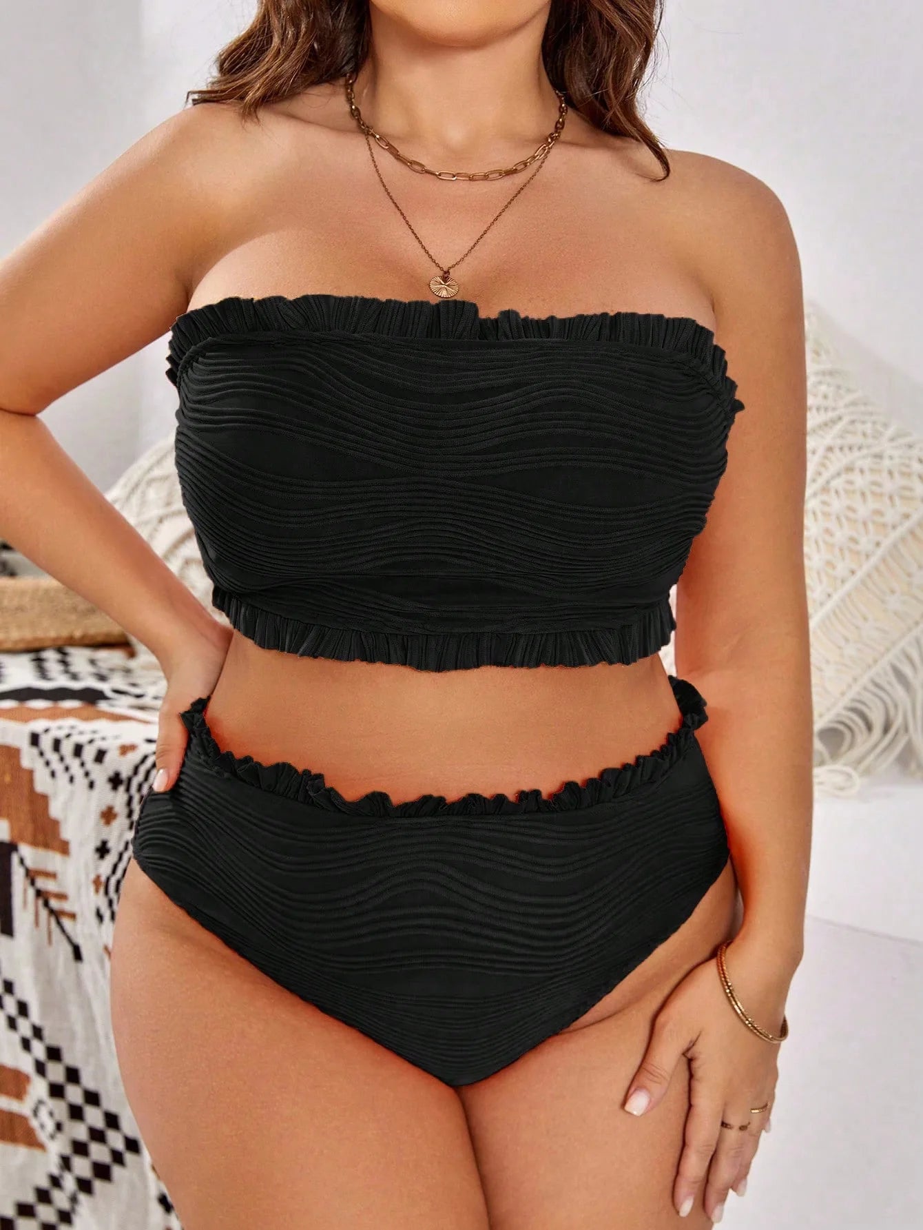 Plus Size Bikini Women's Swimsuit Black Sexy 2 Piece Bathing Suit  Strapless Bikinis Set Swimwear Beach Vacation Summer Suit