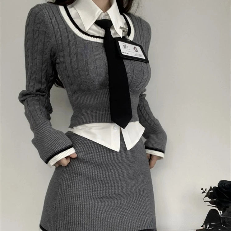 Fashion Knitted Suit Woman Y2k Crop Tops Sweater + Casual Shirt  Slim Bodycon Mini Skirt Korean 3 Piece Set  2025 Autumn