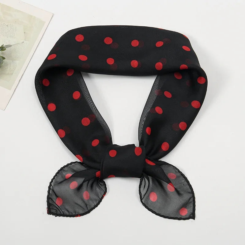 Retro Polka Dot Montage Chiffon Square Scarf Women Soft Hairband Neckerchief Hijab Lady Headband Foulard Bag Ribbons Kerchief