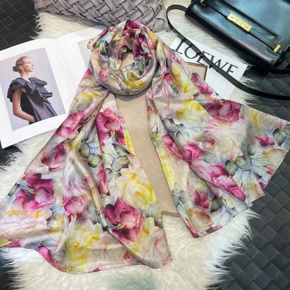 [BYSIFA] Ultralarge Spring Autumn Silk Scarf Wraps Brand Female Long Scarf Cape Fashion New Design Lace Pattern Blue Silk Scarf