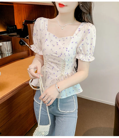 Vintage Summer Printed Blouses Women 2024 Casual Puff Sleeve Ladies Crop Tops Flower Korean Style Slim Retro Chiffon Shirts Y2k