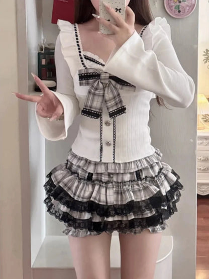 Kawaii Women Two Pieces Set Korean Cute Slim Bow Y2k Aesthetic Crop Top + Fashion Sexy Plaid Lace Patchwork Pleated Mini Skirts