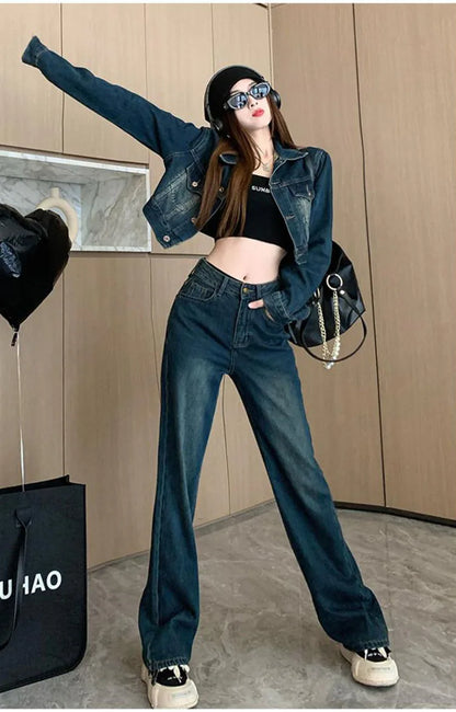 2023 Autumn Denim Coat Jeans Suits Womens Outfits Vintage Washed Short Jean Jackets + Wide Leg Jeans Denim Pants Two Piece Sets