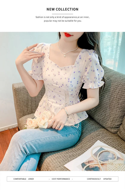 Vintage Summer Printed Blouses Women 2024 Casual Puff Sleeve Ladies Crop Tops Flower Korean Style Slim Retro Chiffon Shirts Y2k