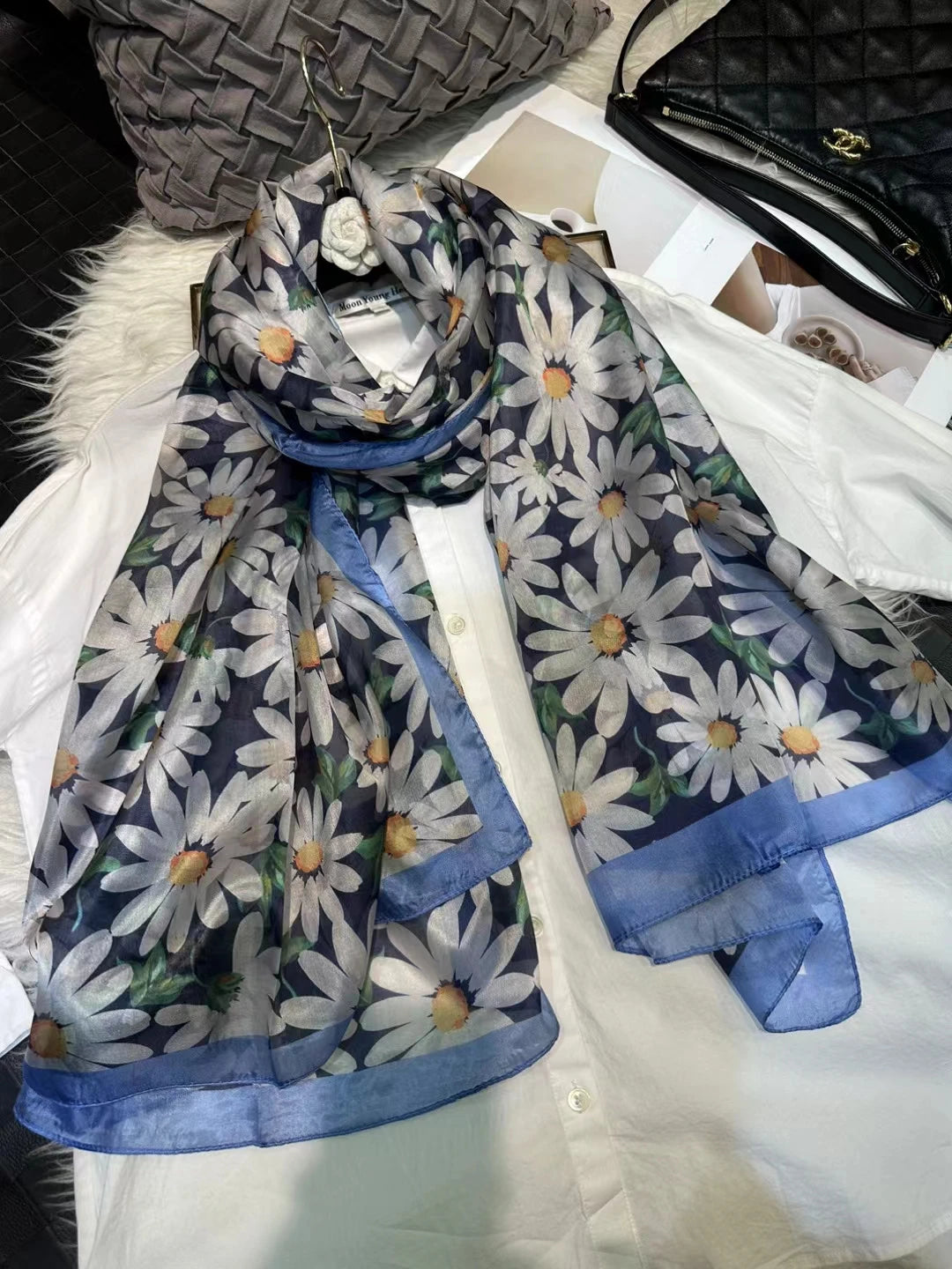 [BYSIFA] Ultralarge Spring Autumn Silk Scarf Wraps Brand Female Long Scarf Cape Fashion New Design Lace Pattern Blue Silk Scarf