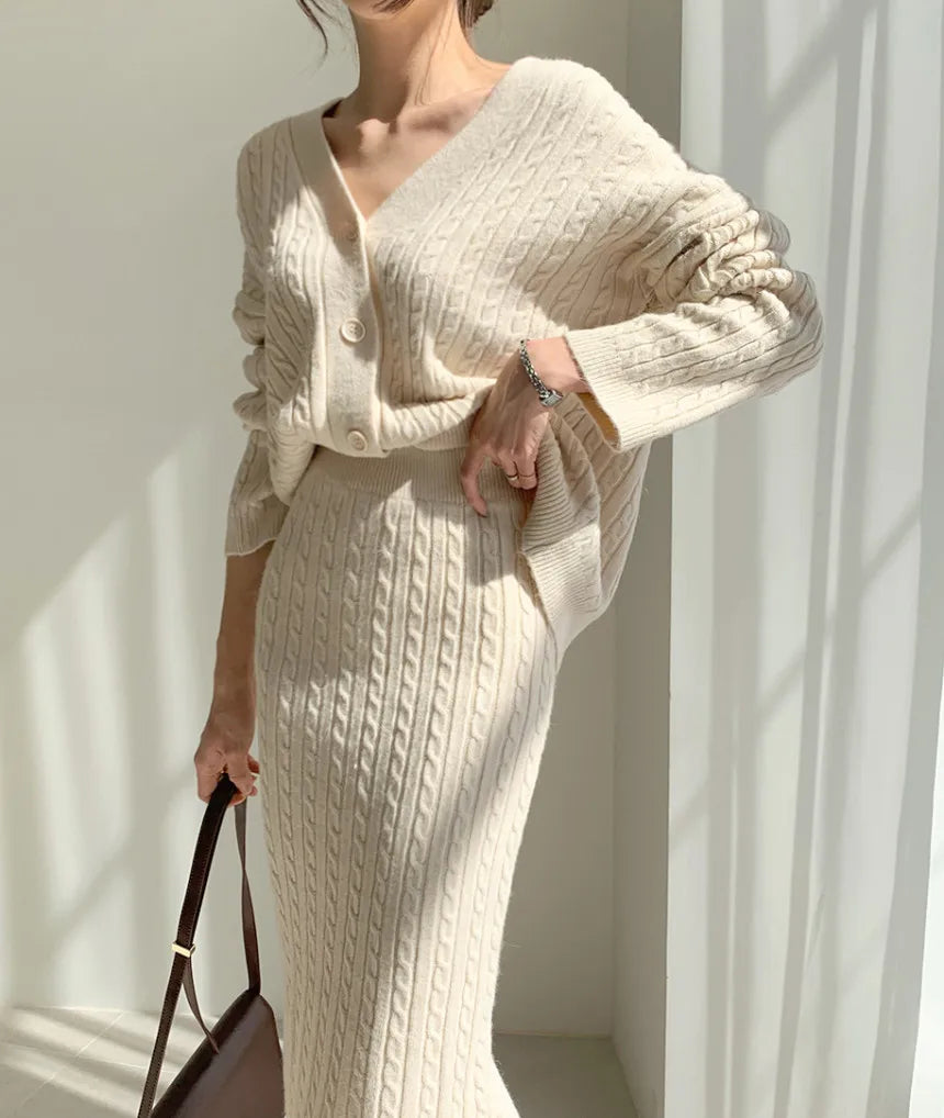 Women Full Sleeve Coats Korean Sweaters V Neck Cardigan Loose Two Piece Sets Solid Knitted Package Hip Skirt Set 2023 Autumn