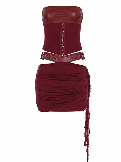 BKQU Leather Patchwork 2 Piece Sexy Woman Skirt Sets Burgundy Strapless Lace Up Corset Vest+Belt Hollow Mini Skirt Party Outfits