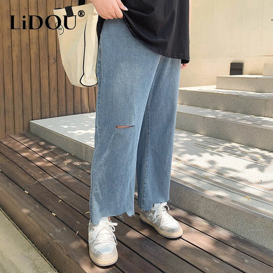 2023 Spring Autumn Loose Casual Jeans Fashion Trousers Ripped Straight Leg High Waist Bottom Solid Plus Size Cropped Pants Women