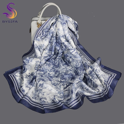 [BYSIFA] Ultralarge Spring Autumn Silk Scarf Wraps Brand Female Long Scarf Cape Fashion New Design Lace Pattern Blue Silk Scarf