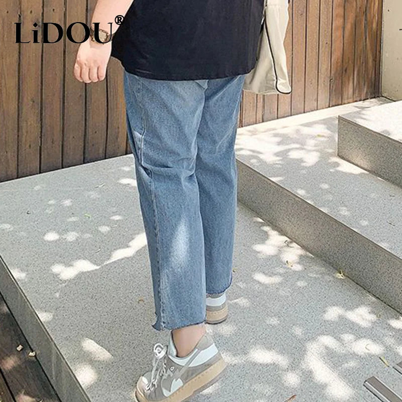 2023 Spring Autumn Loose Casual Jeans Fashion Trousers Ripped Straight Leg High Waist Bottom Solid Plus Size Cropped Pants Women