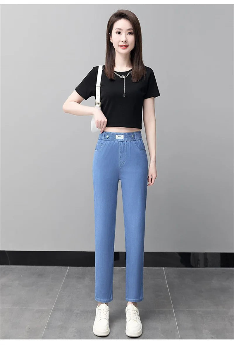 High-Quality Jeans Women's Summer Thin New Style 2024 Cowboy Pants High Waist Ice Silk Nine Points Harlan Denim Trousers Female